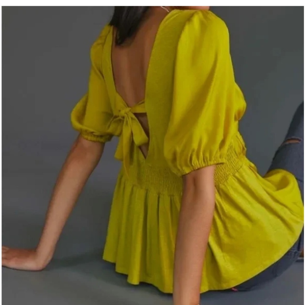 Anthropologie Yellow Green Deep V Peplum Blouse - Picture 7 of 7